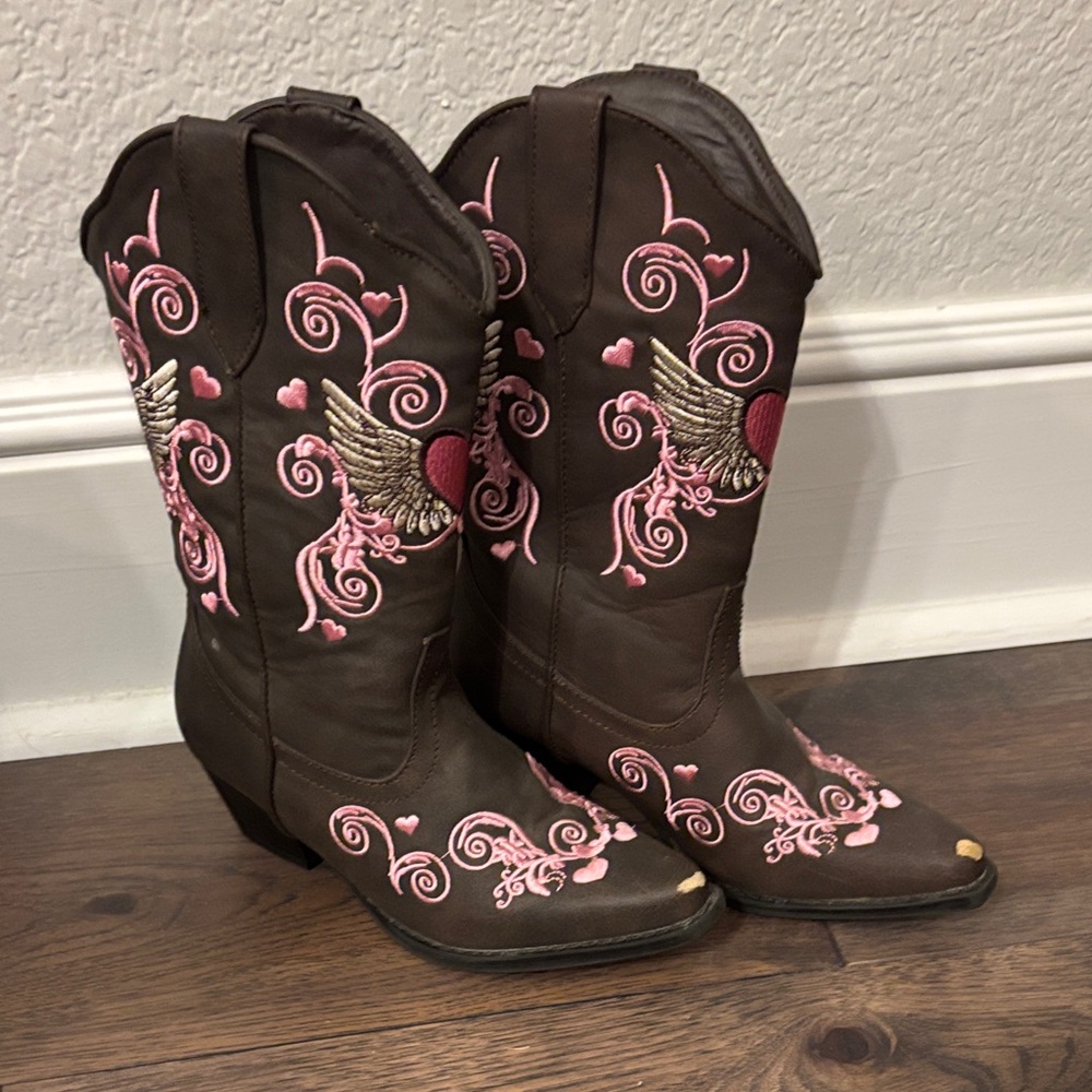 Roper Brown and Pink Embroidered Kids Boots